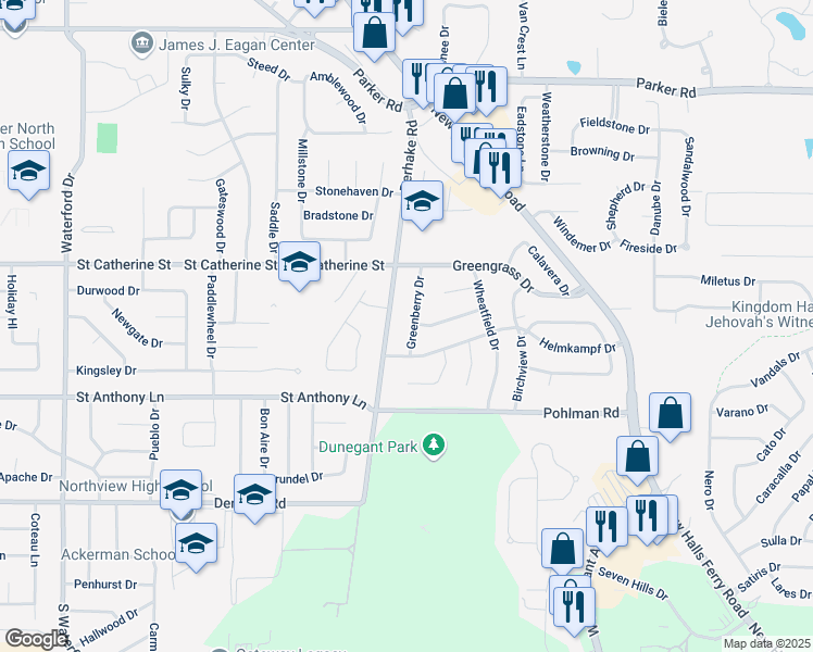 map of restaurants, bars, coffee shops, grocery stores, and more near 2375 Greenberry Drive in Florissant