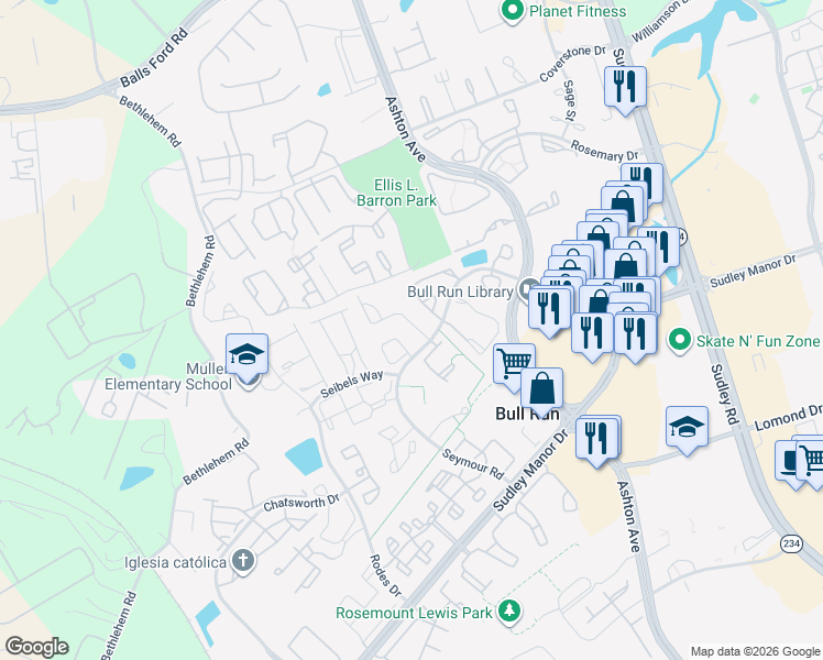 map of restaurants, bars, coffee shops, grocery stores, and more near 10815 Campaign Court in Manassas