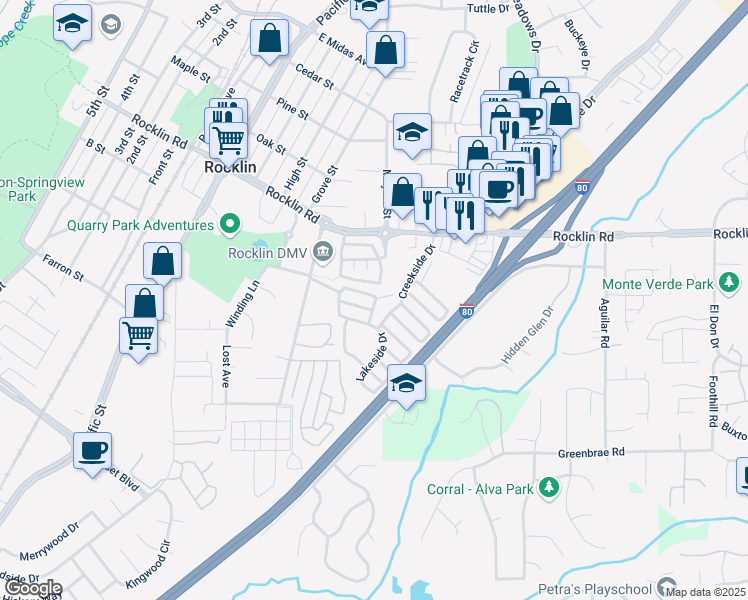 map of restaurants, bars, coffee shops, grocery stores, and more near 5235 Levison Way in Rocklin