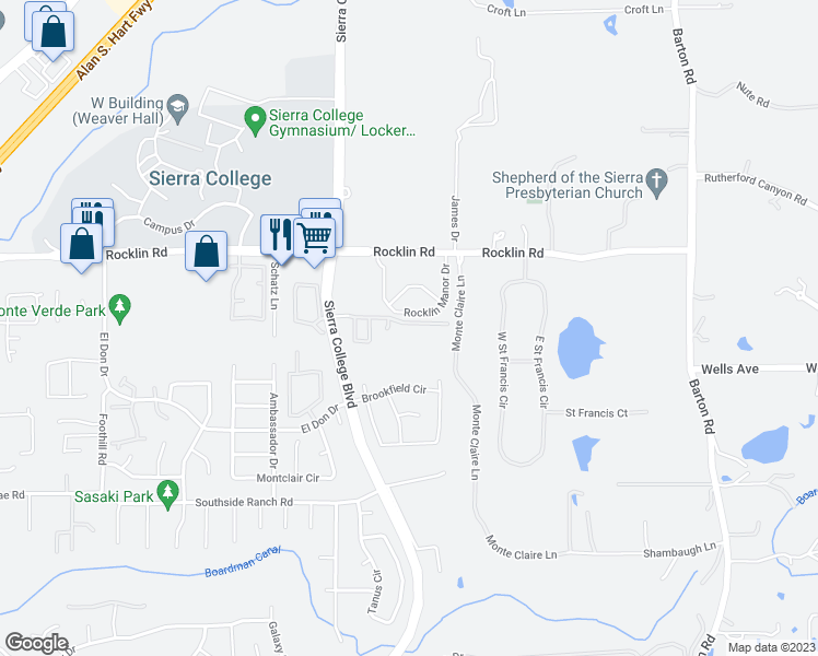 map of restaurants, bars, coffee shops, grocery stores, and more near 5242 Water Lily Lane in Rocklin
