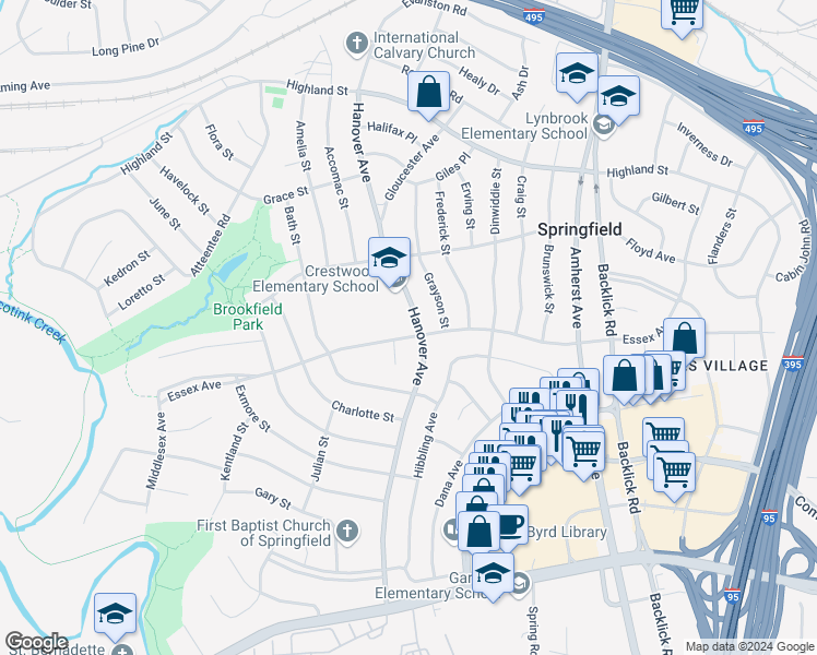 map of restaurants, bars, coffee shops, grocery stores, and more near 6020 Hanover Avenue in Springfield