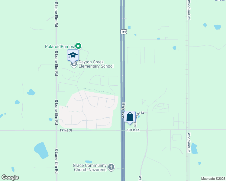 map of restaurants, bars, coffee shops, grocery stores, and more near 20820 189th Street in Spring Hill