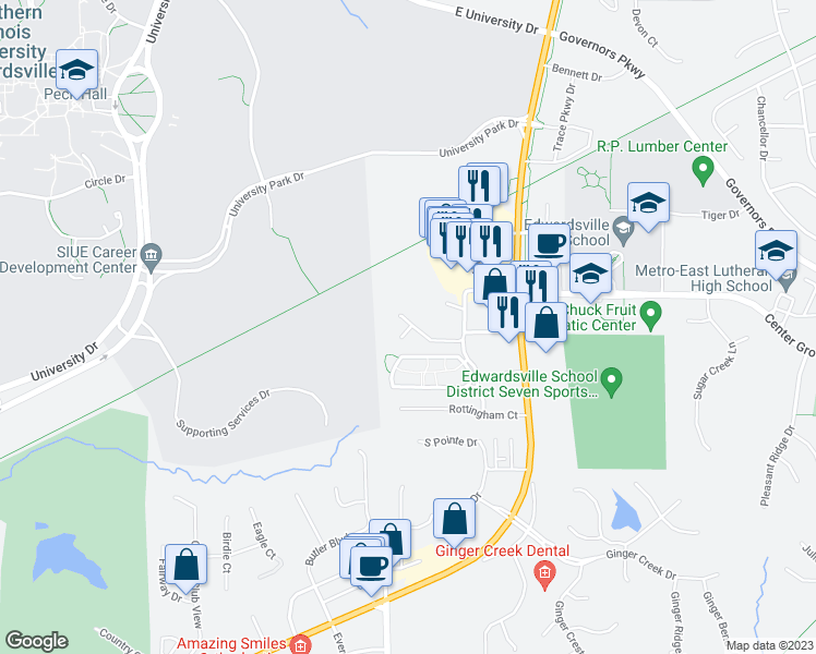 map of restaurants, bars, coffee shops, grocery stores, and more near 56 South Cherry Hills in Edwardsville