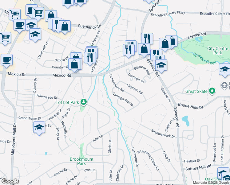 map of restaurants, bars, coffee shops, grocery stores, and more near 3 Carriage Way West in St. Peters