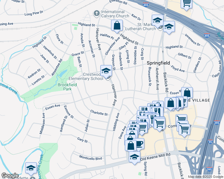 map of restaurants, bars, coffee shops, grocery stores, and more near 6020 Hanover Avenue in Springfield