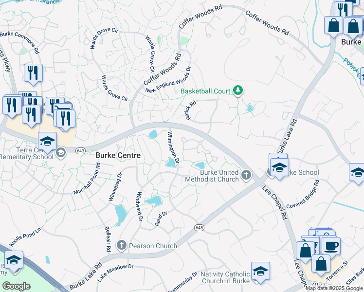 map of restaurants, bars, coffee shops, grocery stores, and more near 9885 Burke Pond Court in Burke