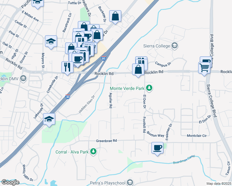map of restaurants, bars, coffee shops, grocery stores, and more near 4602 Ring Neck Lane in Rocklin