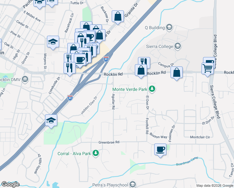 map of restaurants, bars, coffee shops, grocery stores, and more near 4602 Ring Neck Lane in Rocklin