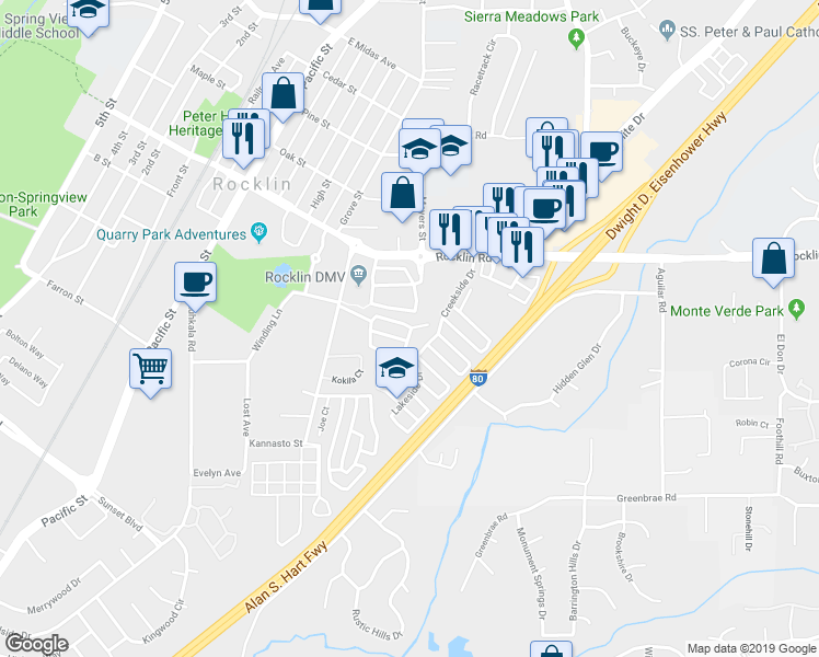 map of restaurants, bars, coffee shops, grocery stores, and more near 5235 Levison Way in Rocklin
