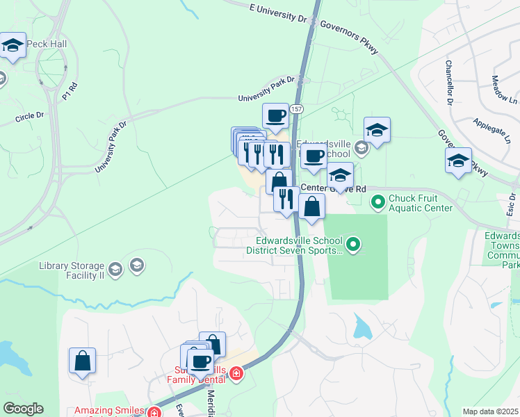 map of restaurants, bars, coffee shops, grocery stores, and more near 15 North Cherry Hills in Edwardsville
