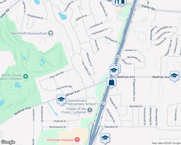 map of restaurants, bars, coffee shops, grocery stores, and more near 11542 Las Ladera Drive in Florissant