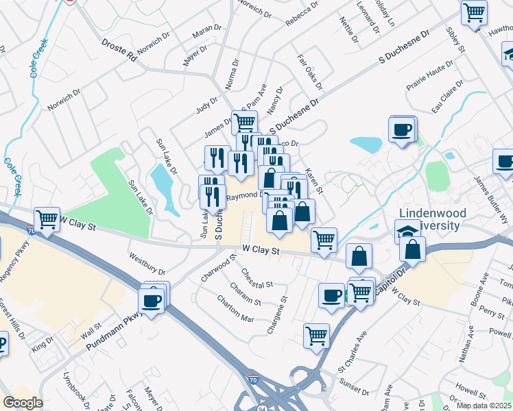 map of restaurants, bars, coffee shops, grocery stores, and more near 2500 Raymond Drive in Saint Charles