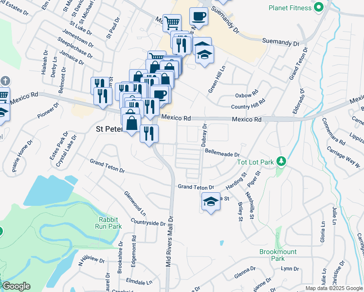 map of restaurants, bars, coffee shops, grocery stores, and more near 131 Saint Peters Square in St. Peters