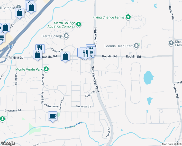 map of restaurants, bars, coffee shops, grocery stores, and more near 1501 Cobble Creek Circle in Rocklin