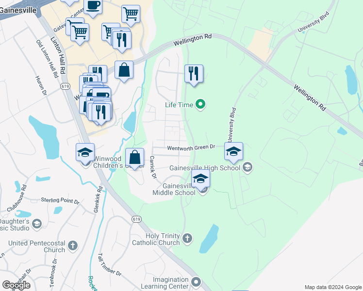 map of restaurants, bars, coffee shops, grocery stores, and more near 7875 Culloden Crest Lane in Gainesville