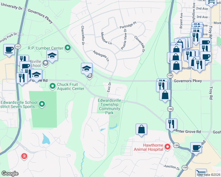 map of restaurants, bars, coffee shops, grocery stores, and more near 2020 Esic Drive in Edwardsville