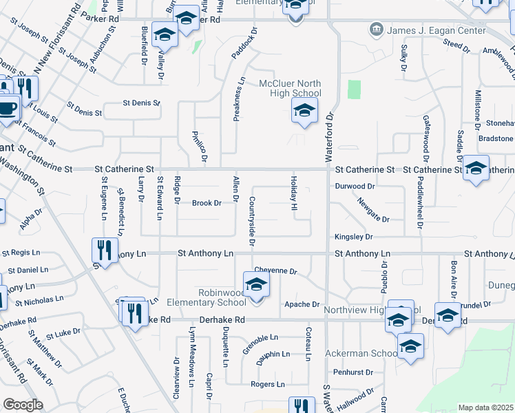 map of restaurants, bars, coffee shops, grocery stores, and more near 410 Countryside Drive in Florissant
