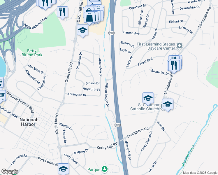 map of restaurants, bars, coffee shops, grocery stores, and more near 545 Wilson Bridge Drive in Oxon Hill
