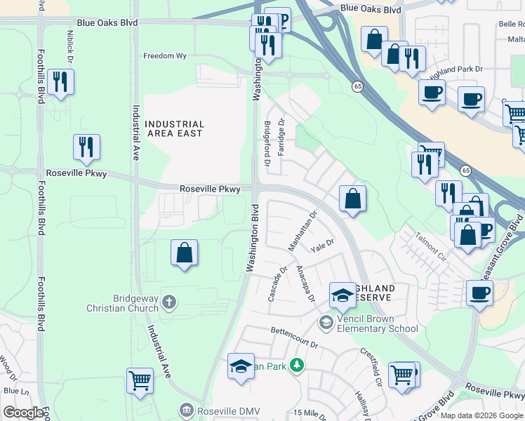 map of restaurants, bars, coffee shops, grocery stores, and more near 728 Spaulding Drive in Roseville