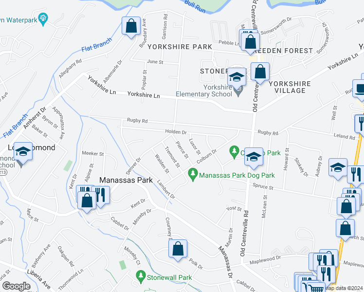 map of restaurants, bars, coffee shops, grocery stores, and more near 116 Pierce Street in Manassas Park
