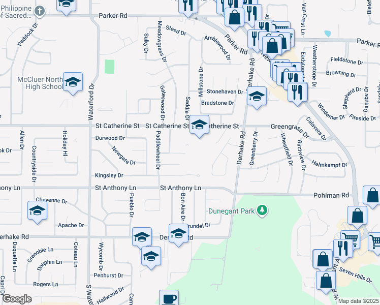 map of restaurants, bars, coffee shops, grocery stores, and more near 3325 Tom Sawyer Drive in Florissant