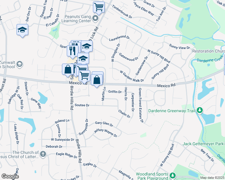 map of restaurants, bars, coffee shops, grocery stores, and more near 13 Griffin Drive in St. Peters