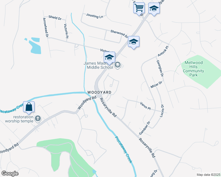 map of restaurants, bars, coffee shops, grocery stores, and more near 7604 Oakpost Court in Upper Marlboro