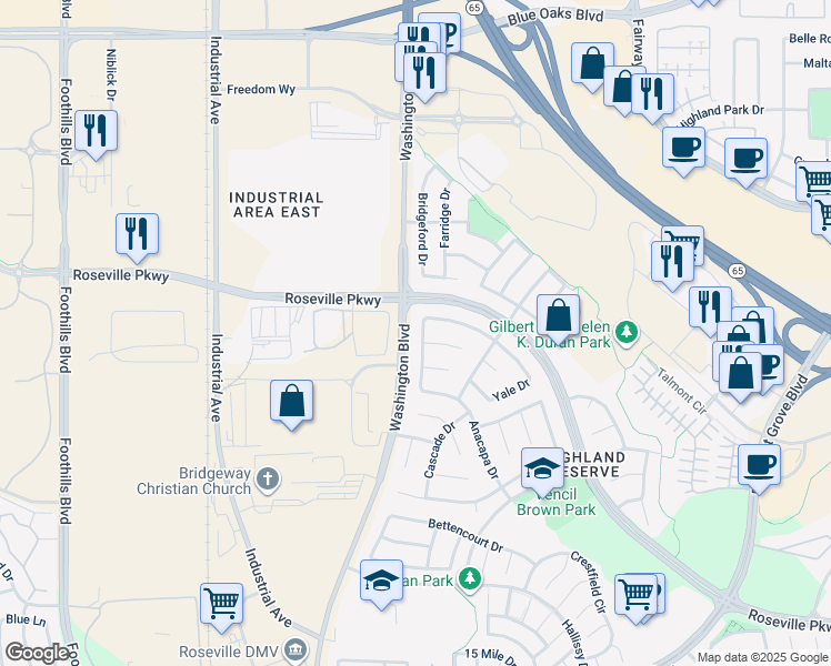 map of restaurants, bars, coffee shops, grocery stores, and more near 728 Spaulding Drive in Roseville