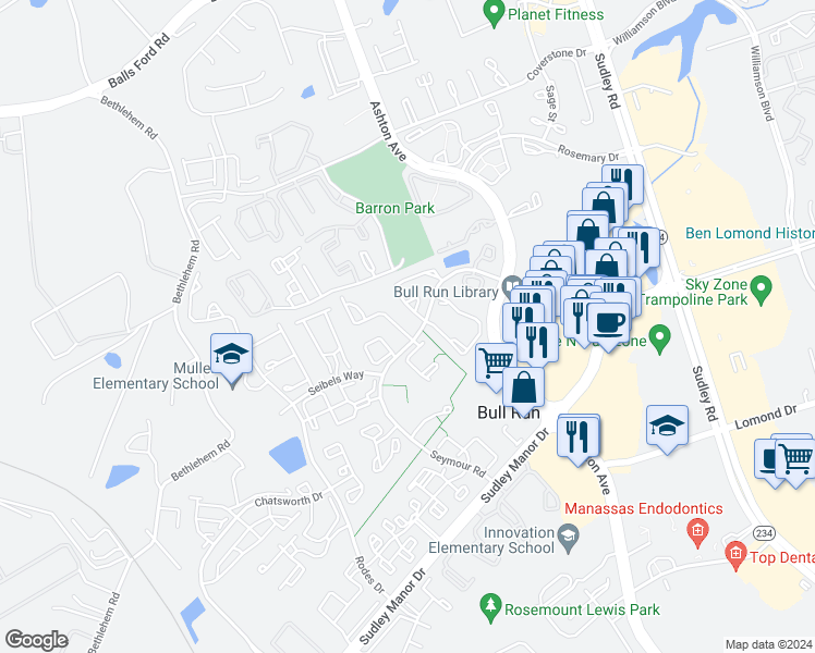 map of restaurants, bars, coffee shops, grocery stores, and more near 10806 Campaign Court in Manassas