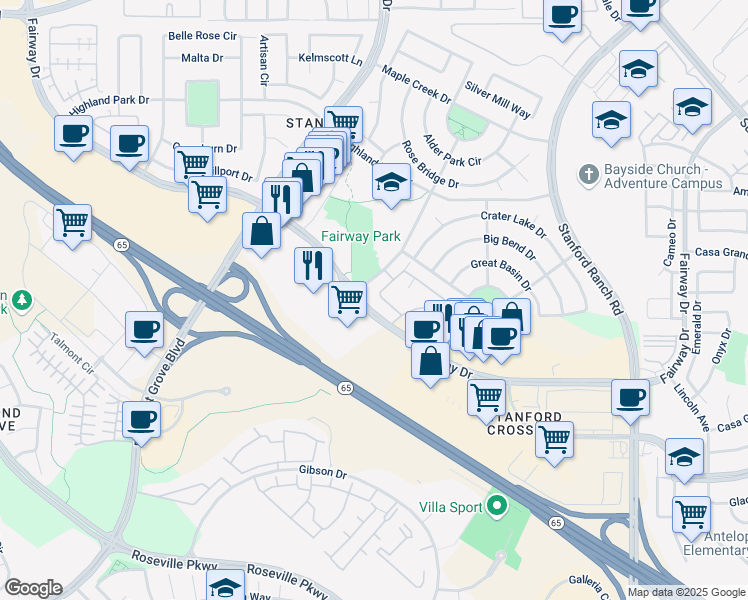 map of restaurants, bars, coffee shops, grocery stores, and more near 751 Central Park Drive in Roseville