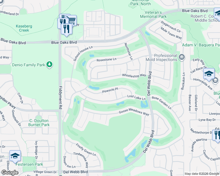 map of restaurants, bars, coffee shops, grocery stores, and more near 7464 Whistlestop Way in Roseville