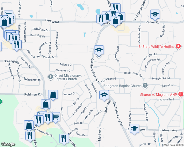 map of restaurants, bars, coffee shops, grocery stores, and more near 11875 Old Halls Ferry Road in Florissant