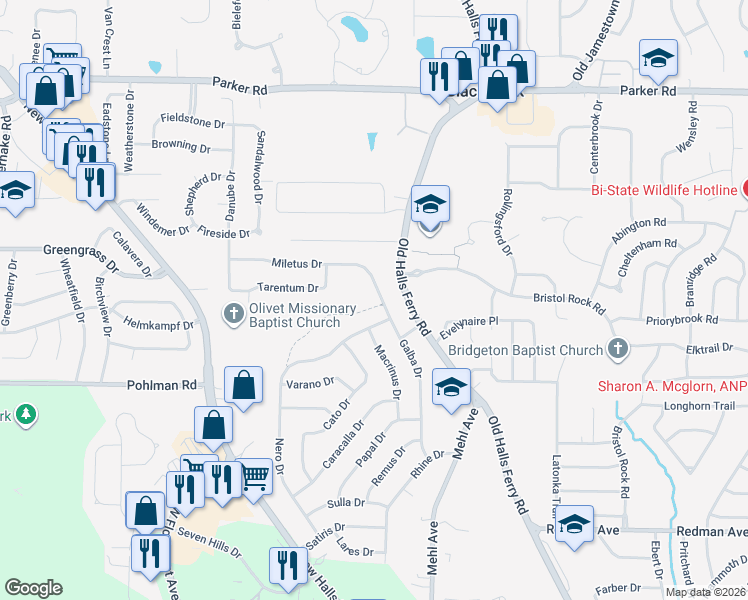 map of restaurants, bars, coffee shops, grocery stores, and more near 11875 Old Halls Ferry Road in Florissant
