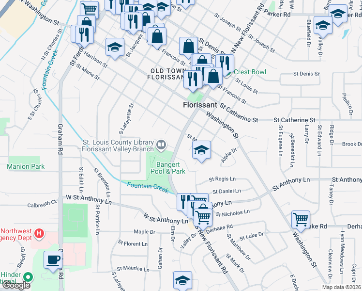 map of restaurants, bars, coffee shops, grocery stores, and more near 190 North New Florissant Road in Florissant