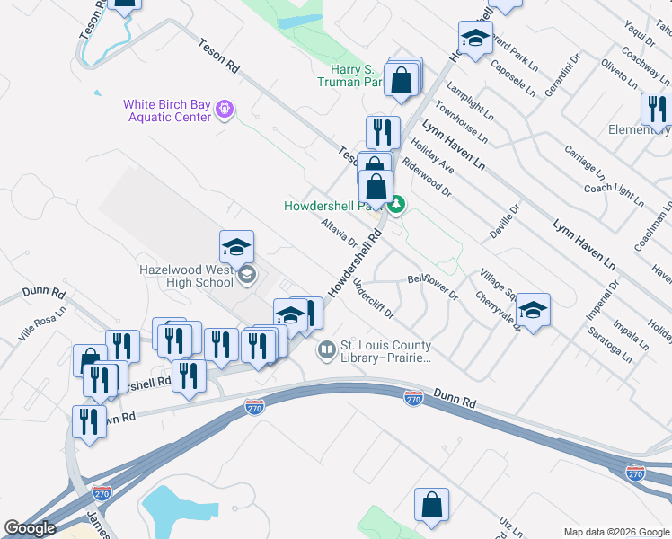 map of restaurants, bars, coffee shops, grocery stores, and more near 965 Woodcrest Lane in Hazelwood