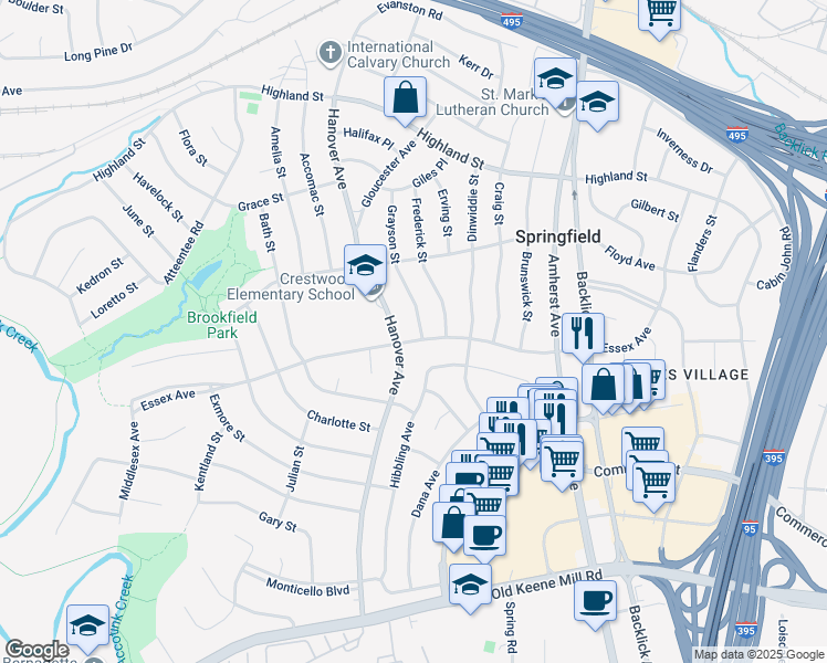 map of restaurants, bars, coffee shops, grocery stores, and more near 6020 Grayson Street in Springfield