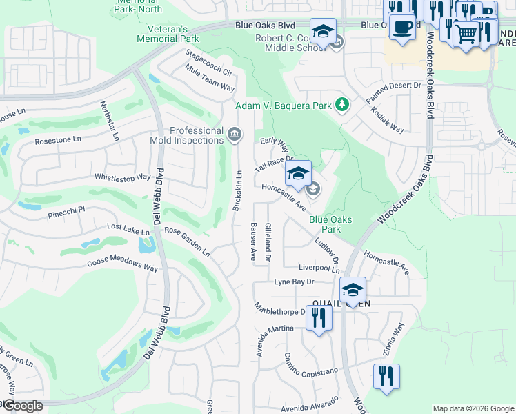 map of restaurants, bars, coffee shops, grocery stores, and more near 8168 Bauser Avenue in Roseville