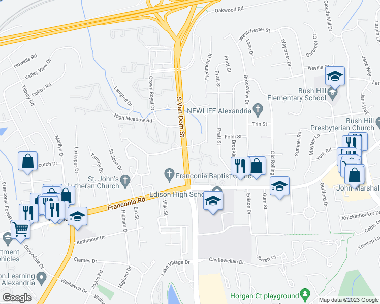 map of restaurants, bars, coffee shops, grocery stores, and more near 6070 Estates Drive in Alexandria