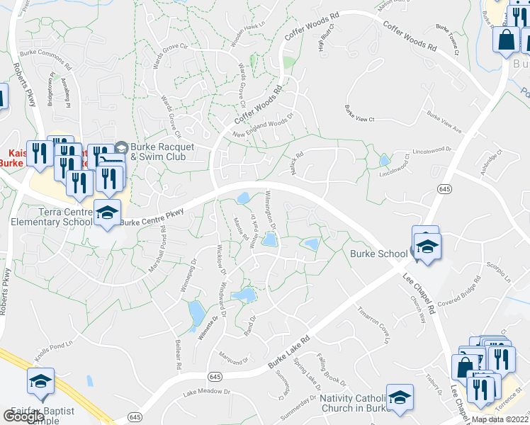 map of restaurants, bars, coffee shops, grocery stores, and more near 6006 Wilmington Drive in Burke