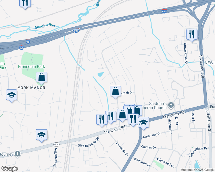 map of restaurants, bars, coffee shops, grocery stores, and more near 6209 Waterlily Court in Alexandria