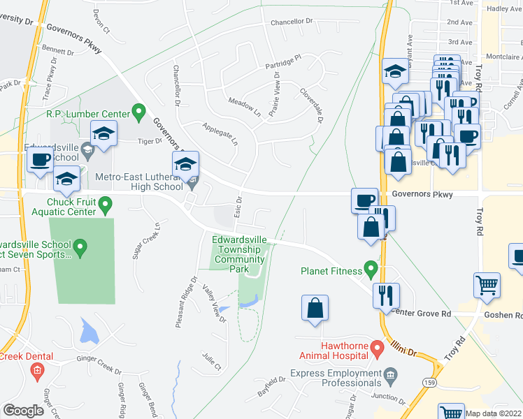 map of restaurants, bars, coffee shops, grocery stores, and more near 212 Parkview Court in Edwardsville