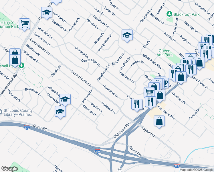 map of restaurants, bars, coffee shops, grocery stores, and more near 566 Candle Light Lane in Hazelwood