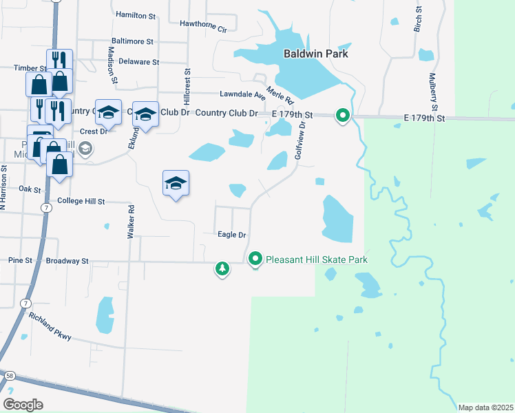 map of restaurants, bars, coffee shops, grocery stores, and more near 208 Golfview Drive in Pleasant Hill