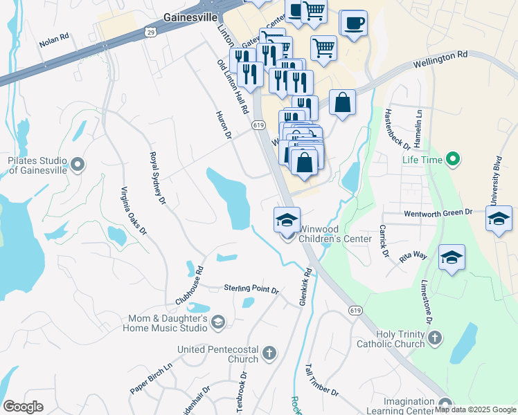 map of restaurants, bars, coffee shops, grocery stores, and more near 14028 Erie Court in Gainesville
