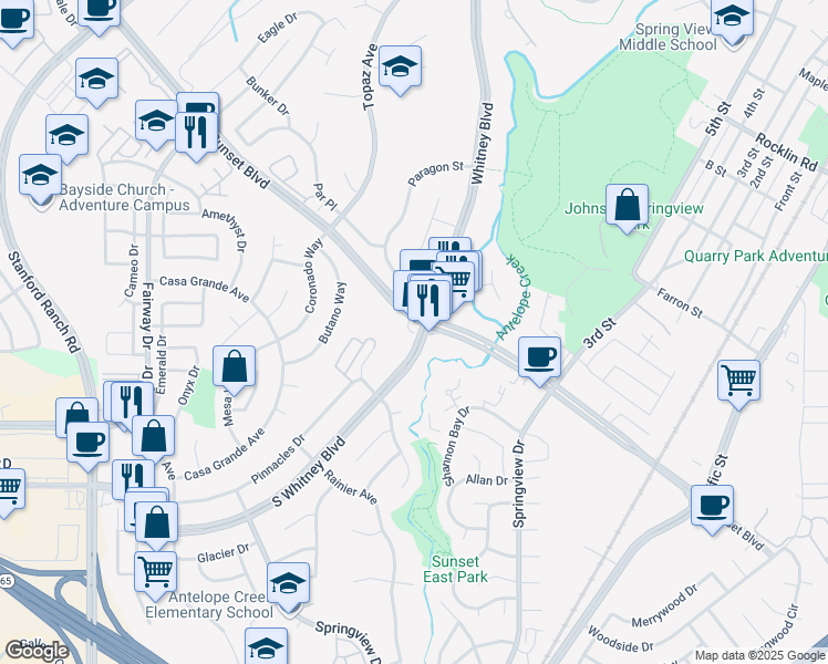 map of restaurants, bars, coffee shops, grocery stores, and more near 2700 Sunset Boulevard in Rocklin