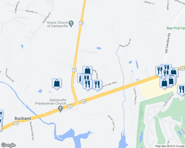 map of restaurants, bars, coffee shops, grocery stores, and more near 7749 Cedar Branch Drive in Gainesville