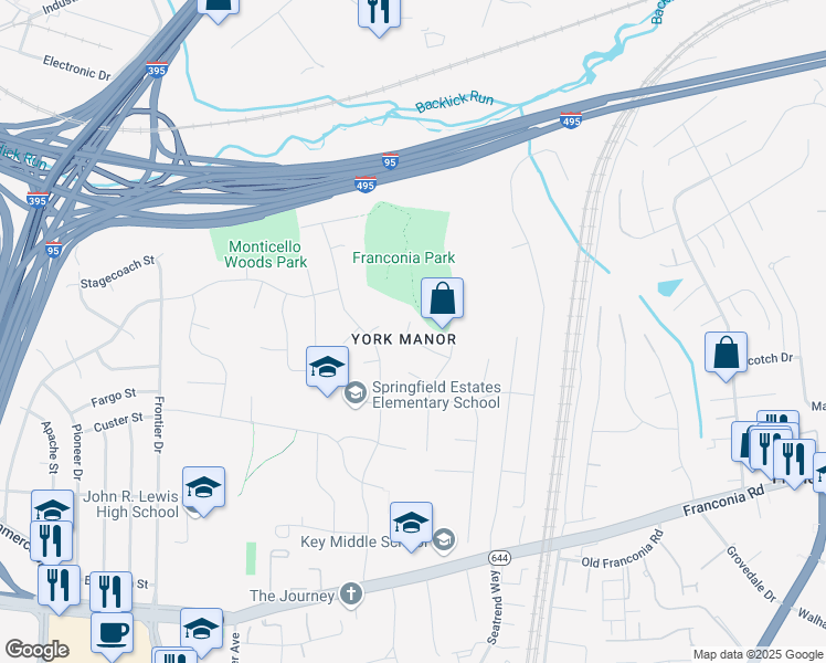 map of restaurants, bars, coffee shops, grocery stores, and more near 6410 Kroy Drive in Springfield