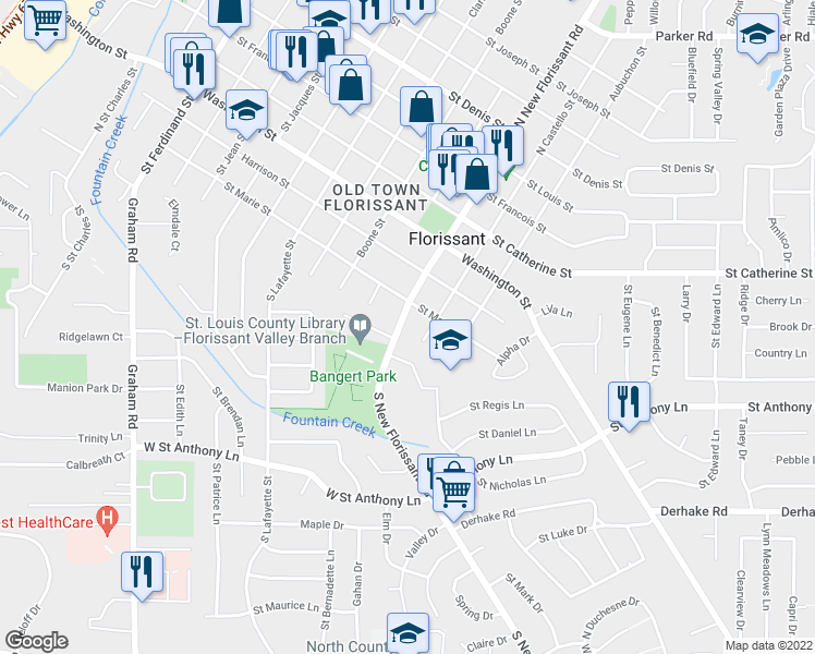 map of restaurants, bars, coffee shops, grocery stores, and more near 116 North New Florissant Road in Florissant
