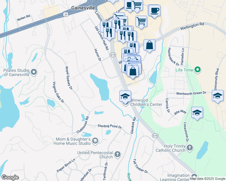 map of restaurants, bars, coffee shops, grocery stores, and more near 14028 Erie Court in Gainesville
