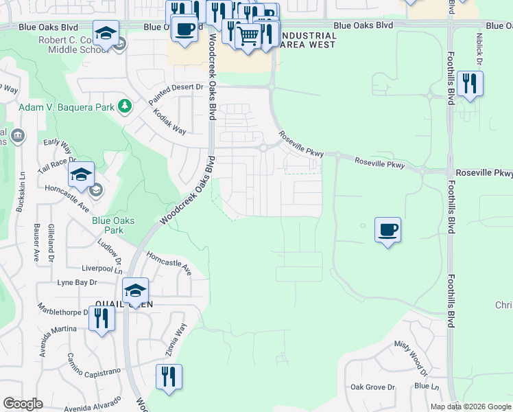 map of restaurants, bars, coffee shops, grocery stores, and more near 6344 Campus Pkwy in Roseville